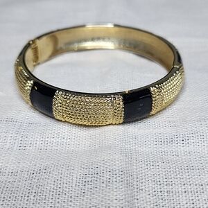 Vintage Bangle Bracelet Gold Tone Hinged Black Enamel